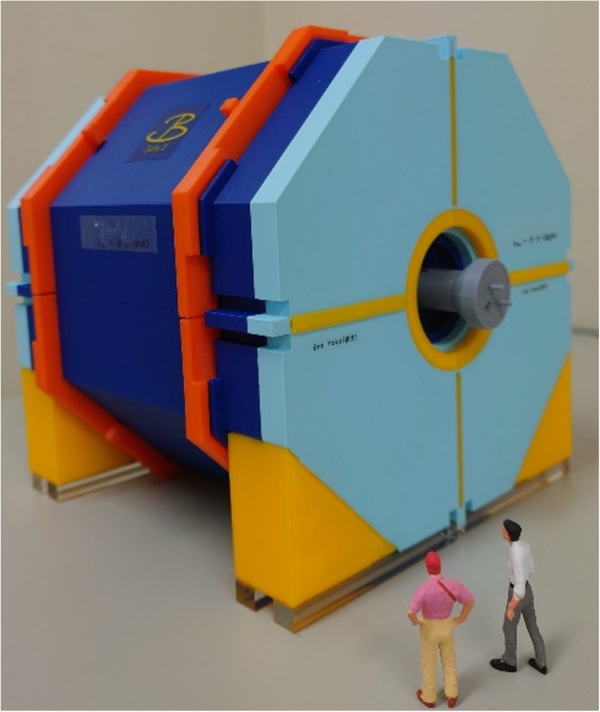 KEK で稼働する巨大な素粒子測定器(約8m)を1/40 スケールで再現した模型の写真。測定器の模型とともに人形も置いてあり、スケール感がわかるようになっている。