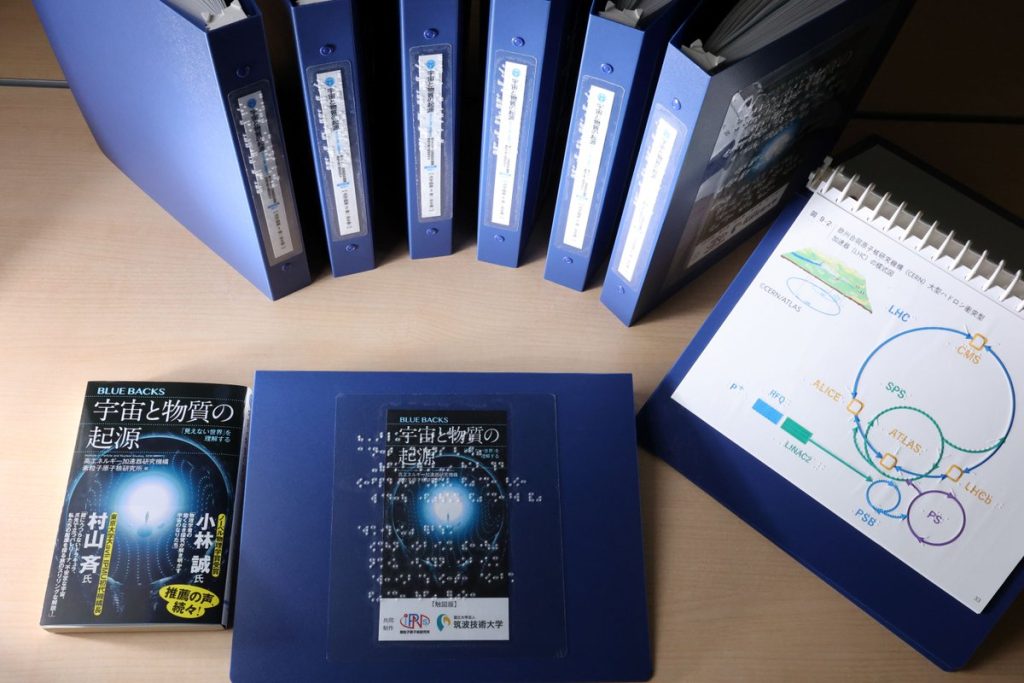 制作した点字本と蝕図の写真。写真上部に新書1冊分を点訳した点字本6冊が立てておいてある。手前には新書と点字本の表紙が並べられている。写真右側には加速器実験施設の蝕図が置かれている。