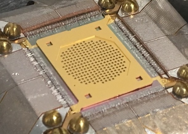 Close-up of a superconducting transition edge sensor (TES) element.