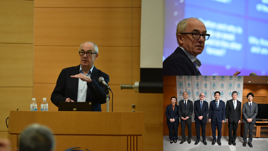 小林ホールでの講演（左）・文部科学大臣を表敬訪問（右下）